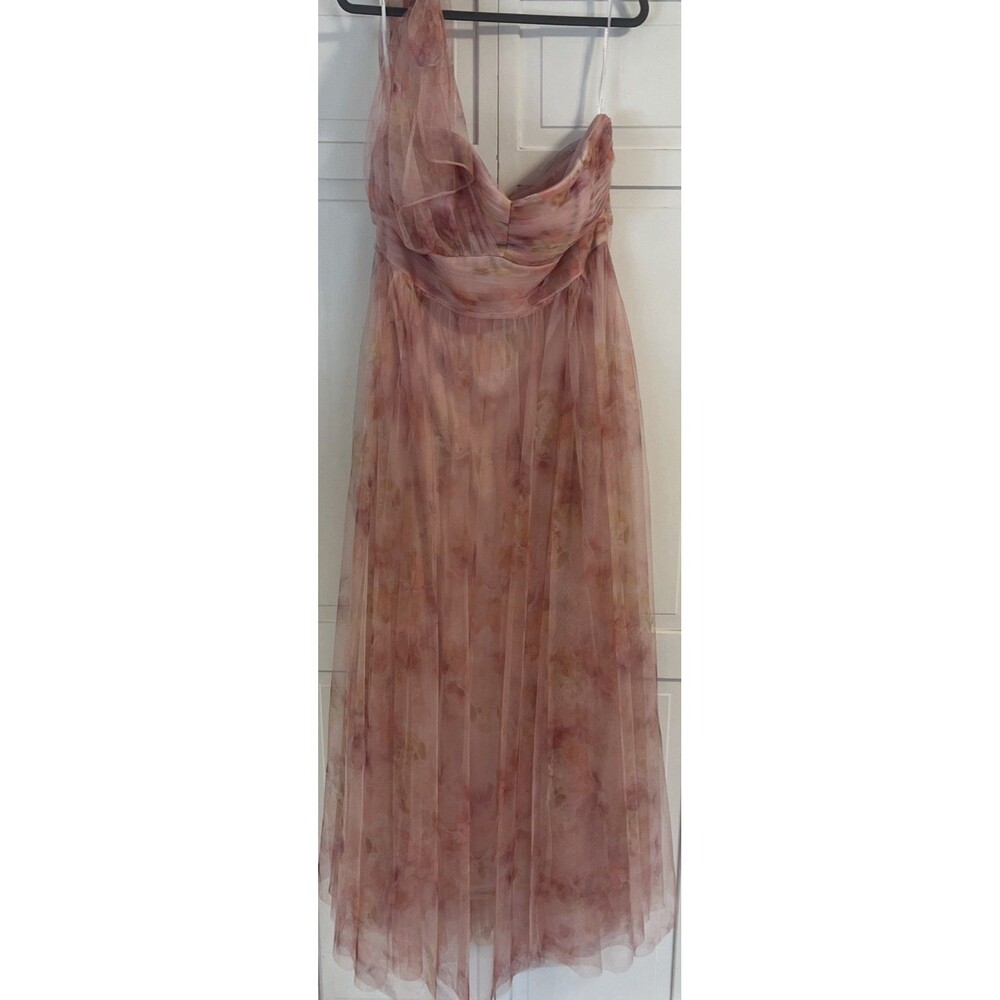 Dessy Collection Floral Scarf Tie One-Shoulder Rose Garden Gown Size 18 3130FP